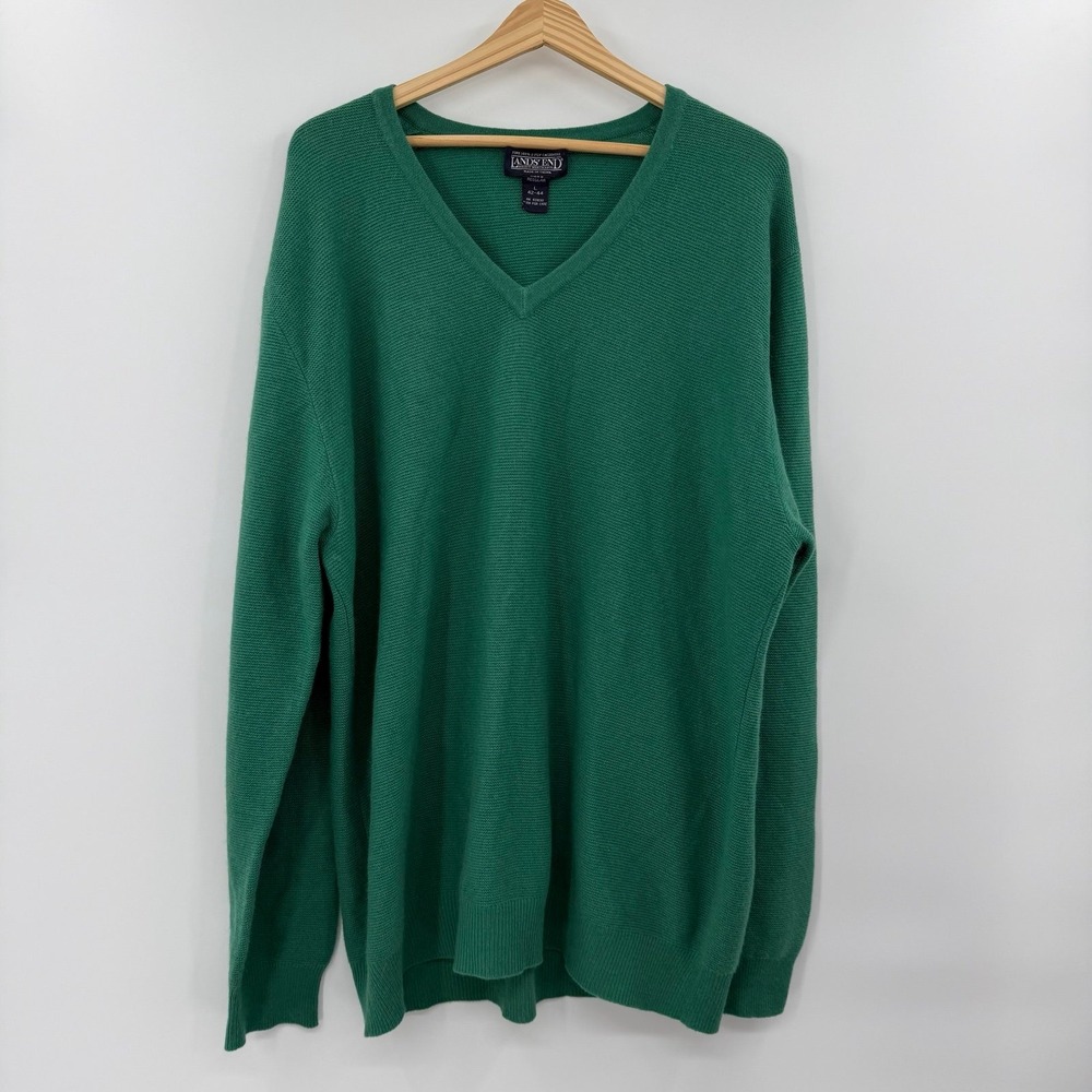 Vintage Lands End Sweater Mens Green Cashmere V neck Pullover 90s L